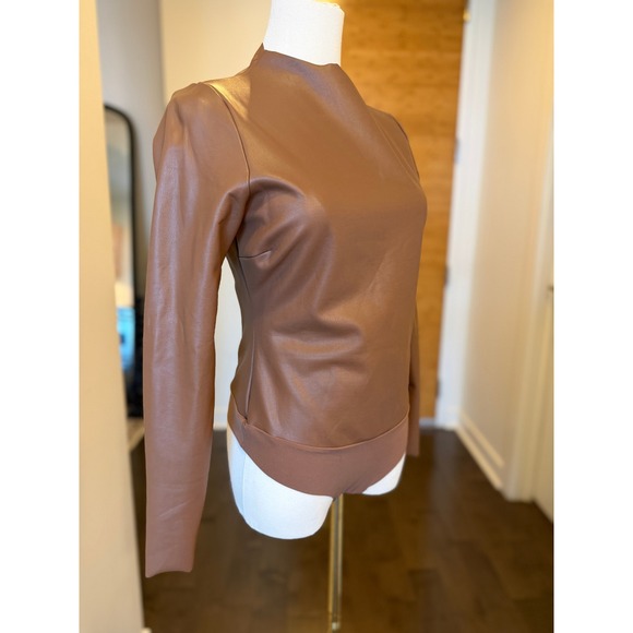 SKIMS Brown Faux Leather Mock Neck Long Sleeve Bodysuit Jasper Women's Size L - Picture 2 of 6